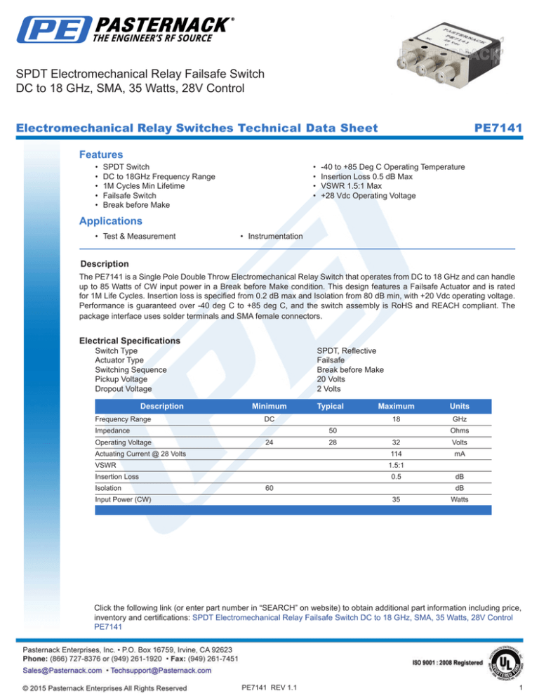 SPDT Electromechanical Relay Failsafe Switch DC to 18 GHz, SMA
