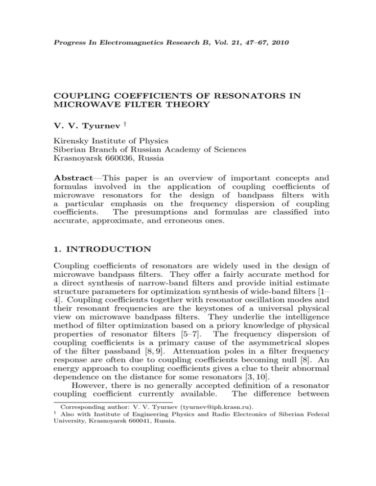 Coupling coefficients of resonators in microwave filter theory