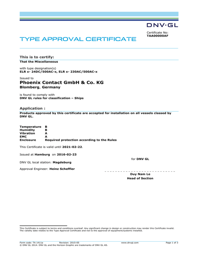 Type approval certificate