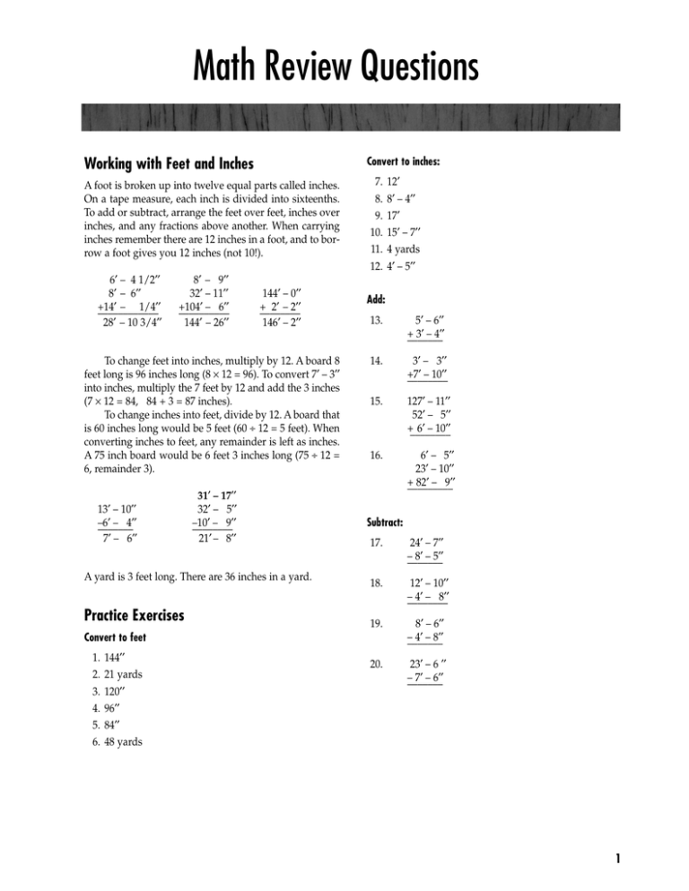 Math Review: Linear Measurement, Fractions, Feet & Inches