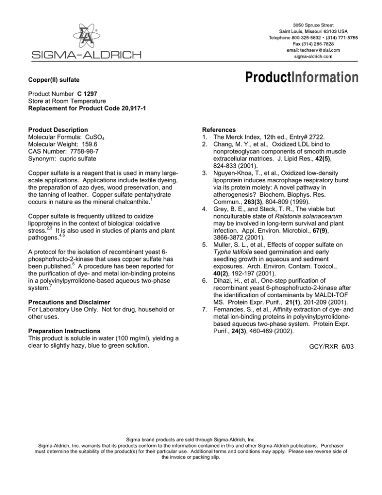 Copper(II) sulfate (C1297) Product Information Sheet Sigma