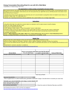 Energy Consumption Recording Sheet for use with Kill a Watt Meter