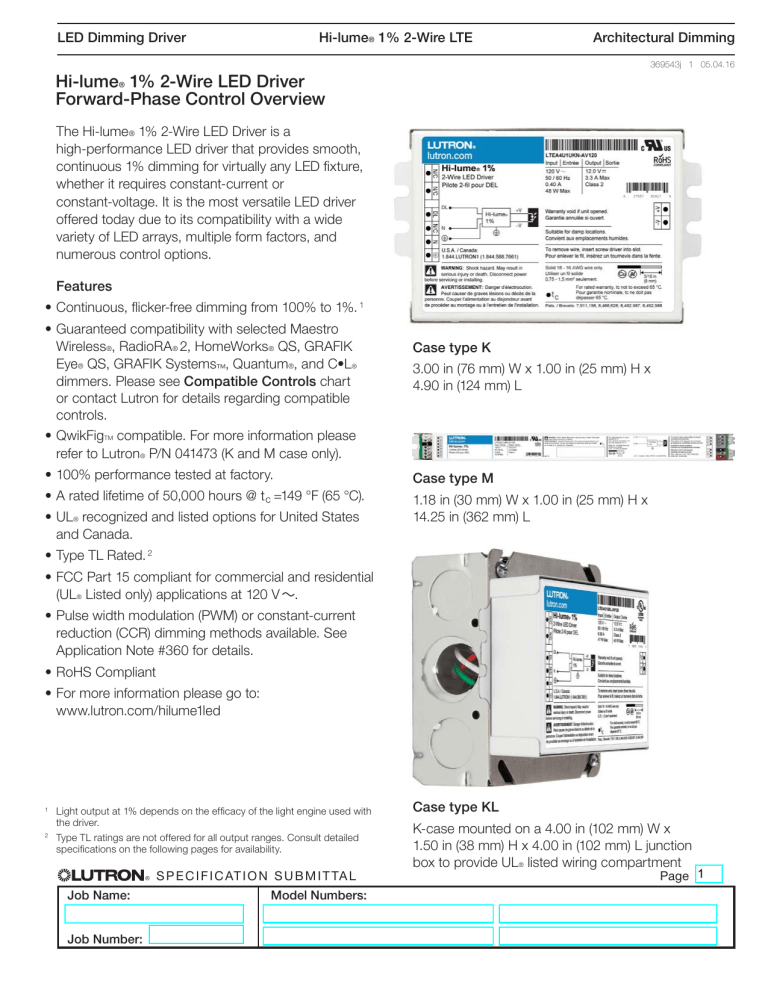 Lutron Hi lume 1 2 Wire LTEA Driver Specification