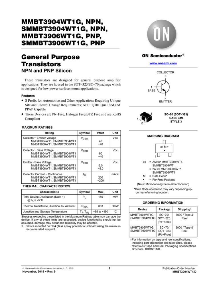 MMBT3904WT1 General Purpose Transistors NPN and PNP