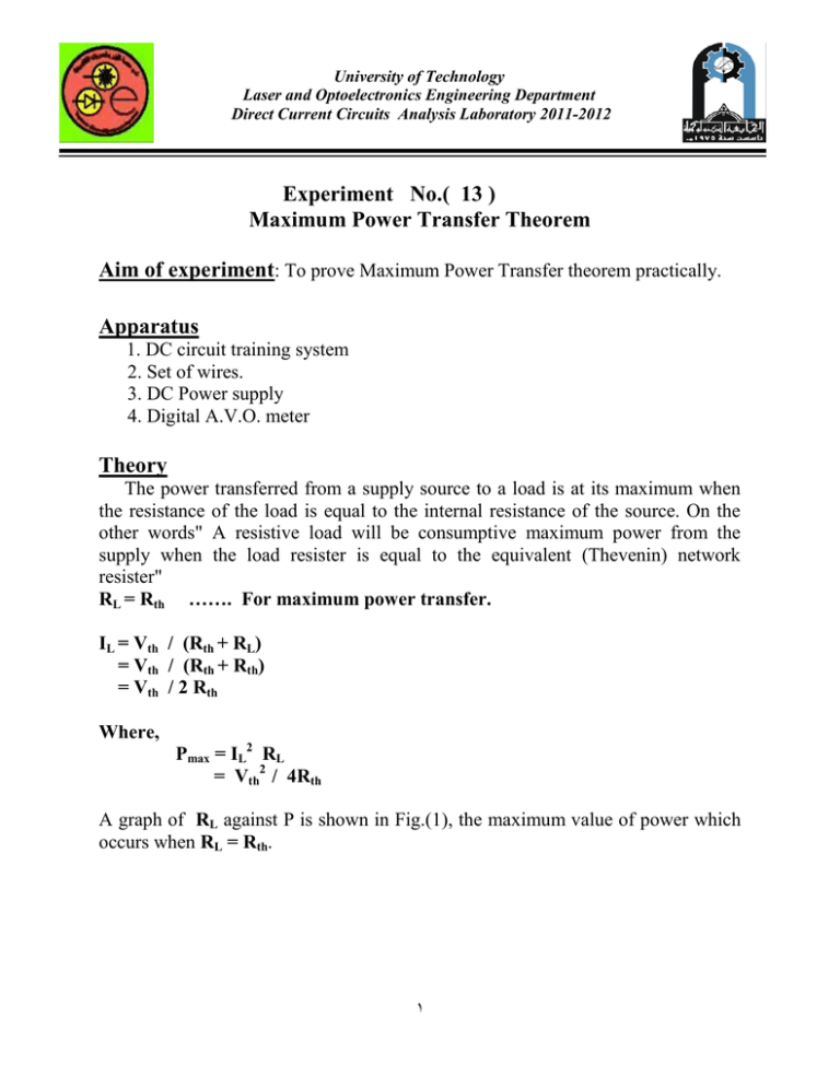 Maximum Power Transfer Theorem Apparatus Theory