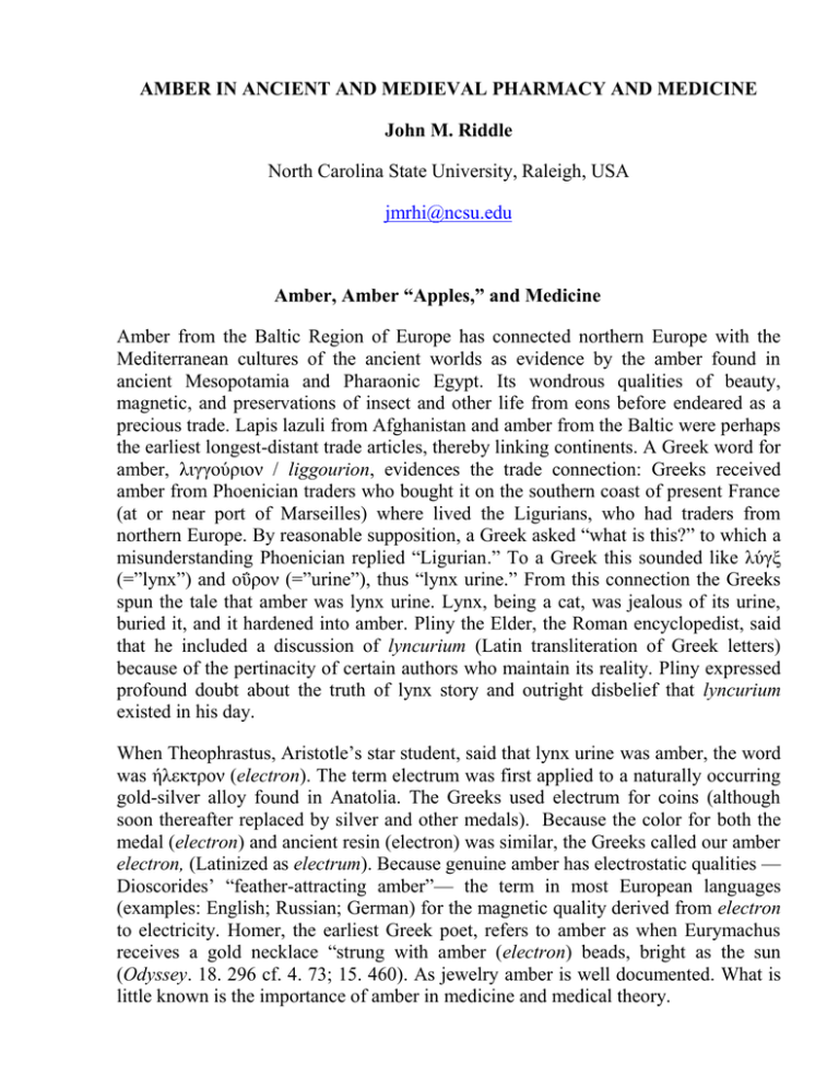 AMBER IN ANCIENT AND MEDIEVAL PHARMACY AND MEDICINE