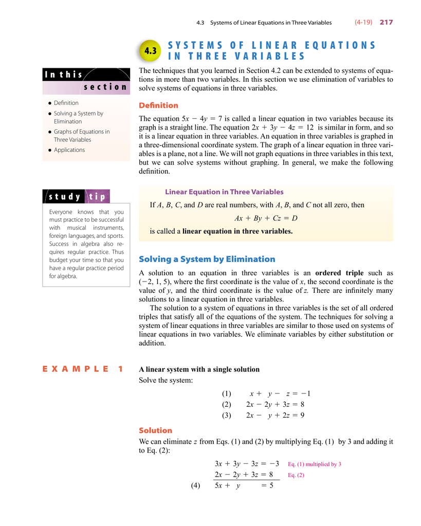 4 3 Systems Of Linear Equations In Three Variables