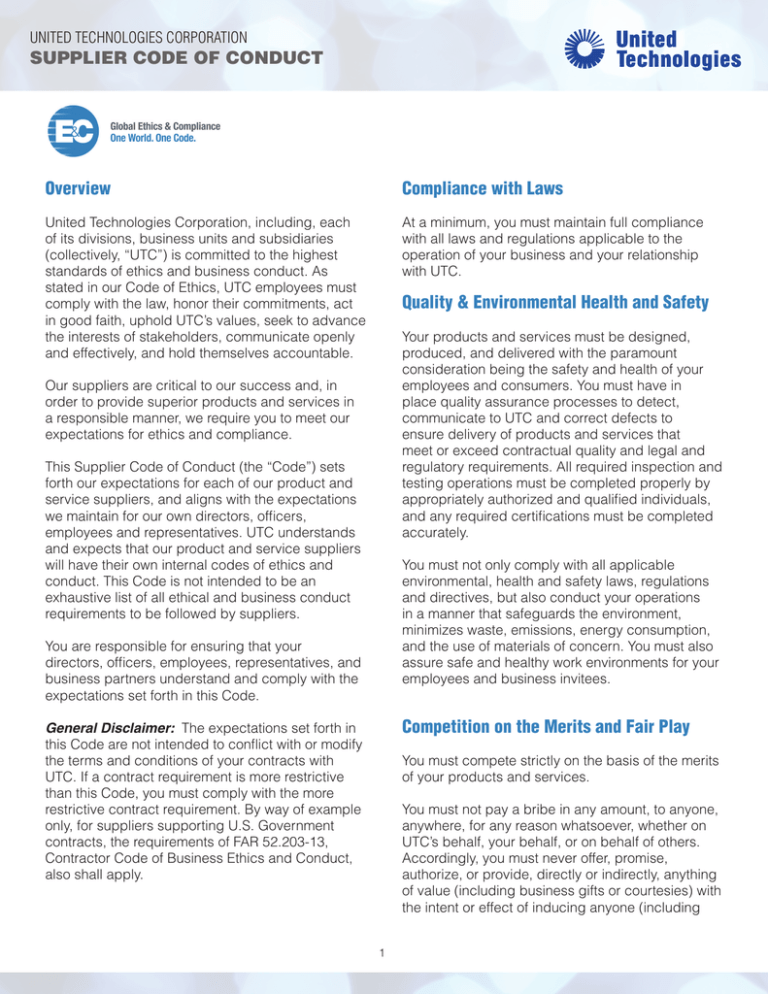 SUPPLIER CODE OF CONDUCT Overview Compliance with Laws