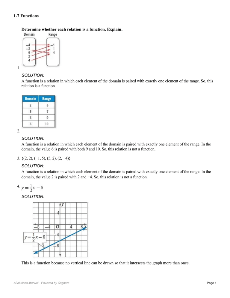 Determine Whether Each Relation Is A Function. Explain. 1. SOLUTION