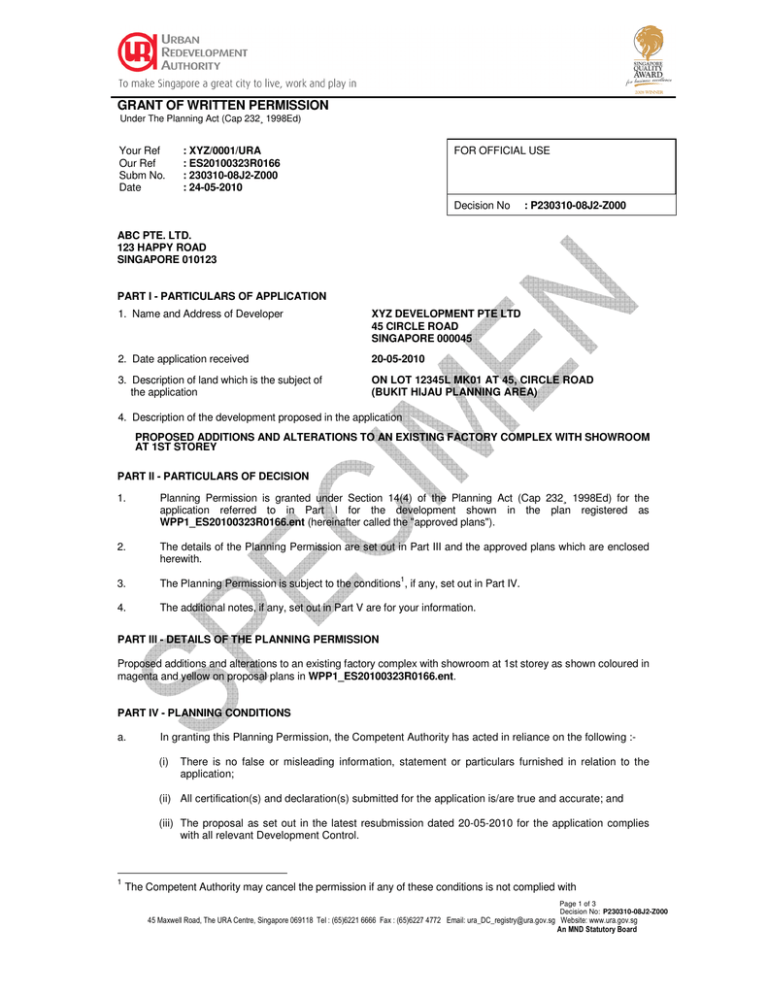 grant of written permission Urban Redevelopment Authority