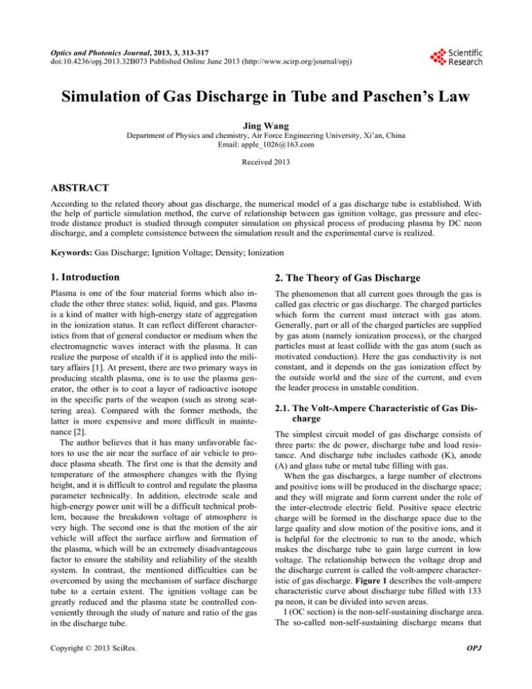 Simulation of Gas Discharge in Tube and Paschen`s Law