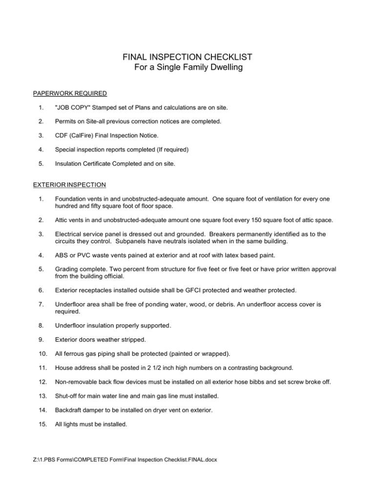 FINAL INSPECTION CHECKLIST For a Single Family Dwelling