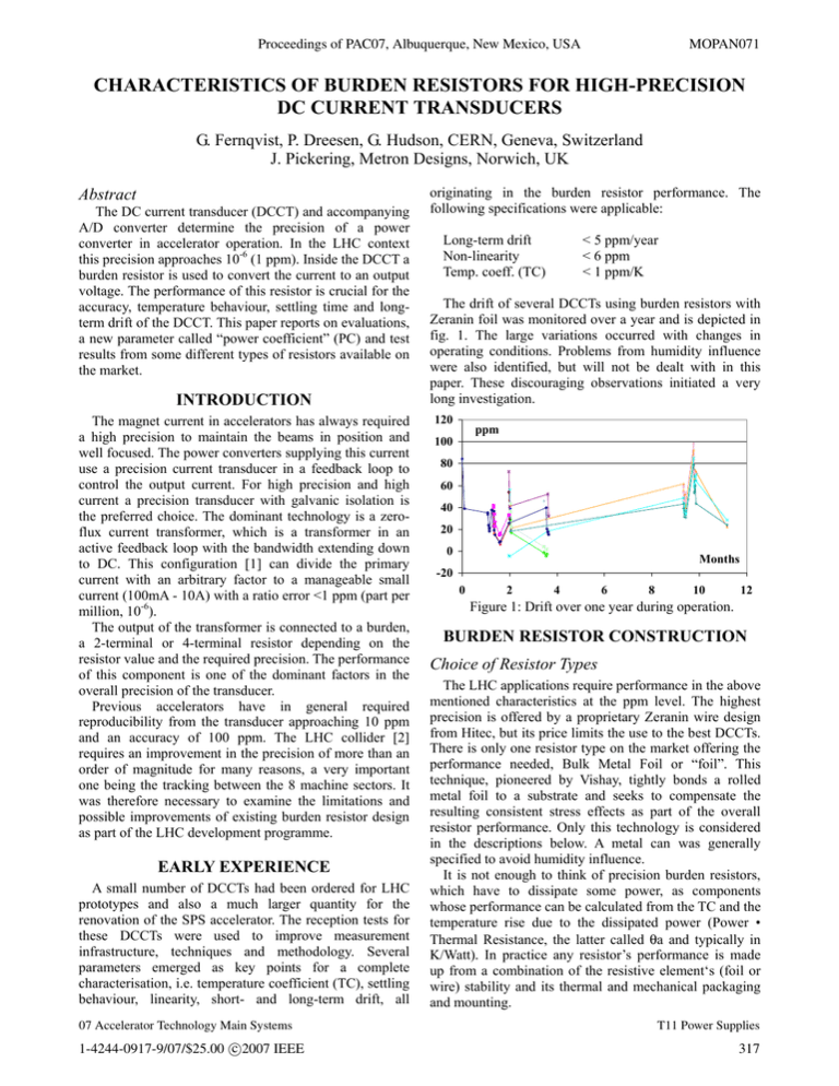 Characteristics of Burden Resistors for Highprecision DC