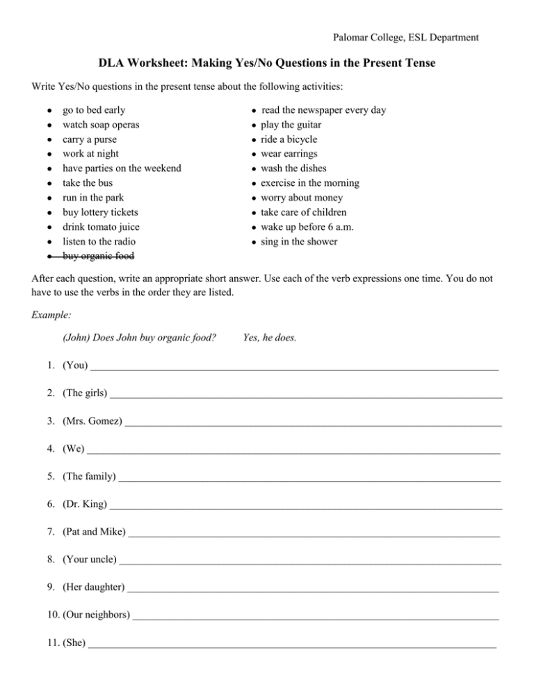 dla worksheet making yes no questions in the present tense