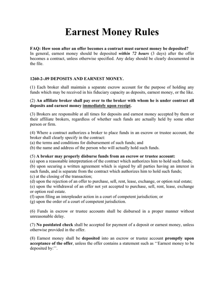 Earnest Money Rules The Realty Association