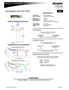 Rechargeable AAA-1000 (HR03) PRODUCT DATASHEET