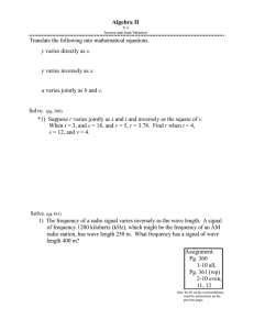 Algebra II y varies directly as x. y varies inversely as x. a