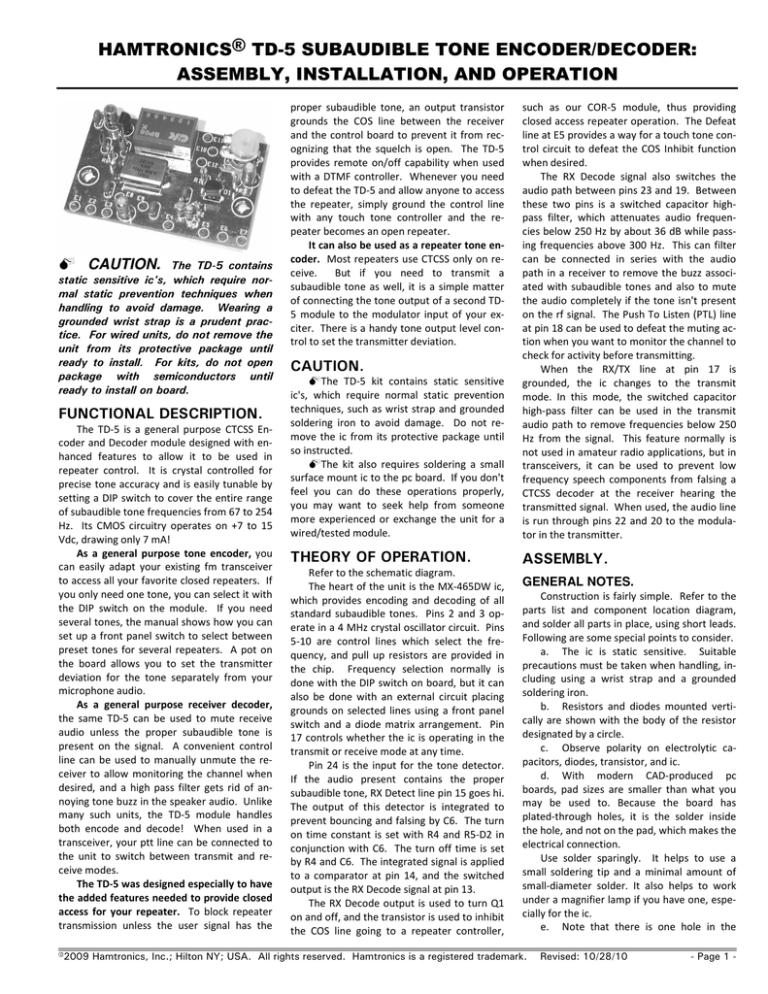 HAMTRONICS® TD-5 SUBAUDIBLE TONE ENCODER/DECODER