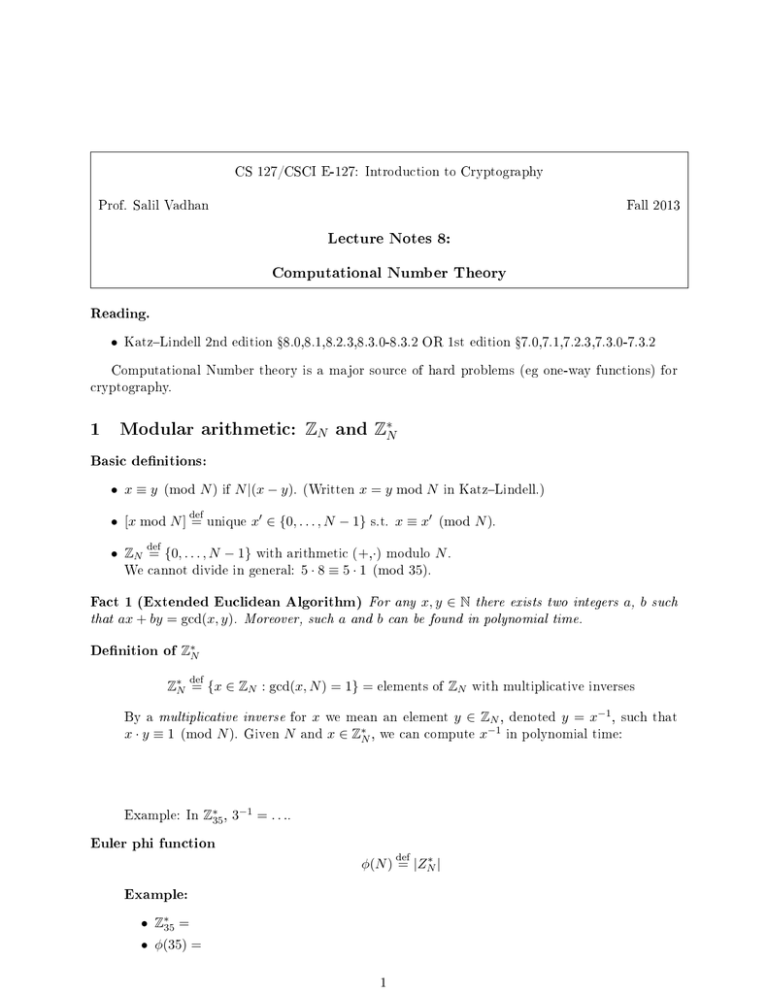 1 Modular arithmetic ZN and Z