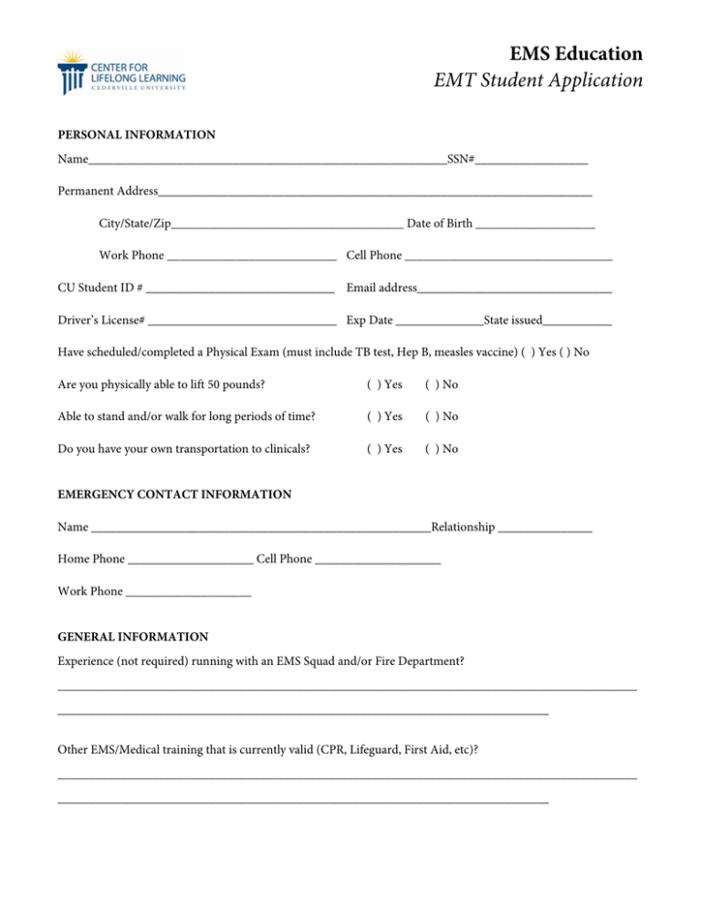 EMS Education EMT Student Application