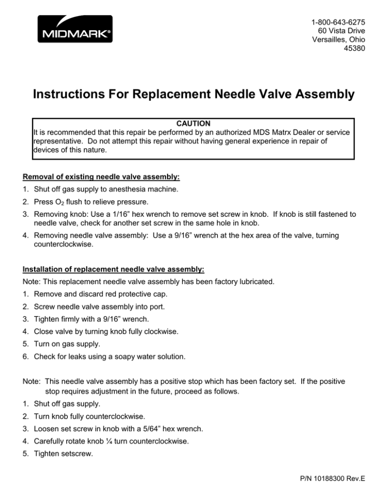 10188300 Replacement Needle Valve Assembly
