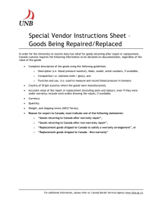 Special Vendor Instructions Sheet – Goods Being Repaired/Replaced