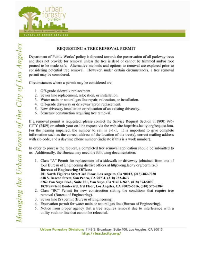 Requesting a Tree Removal Permit Bureau of Street Services