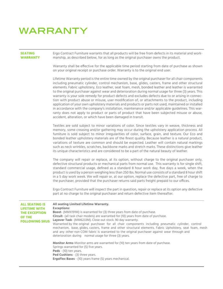 wARRANTY Ergo Contract Furniture