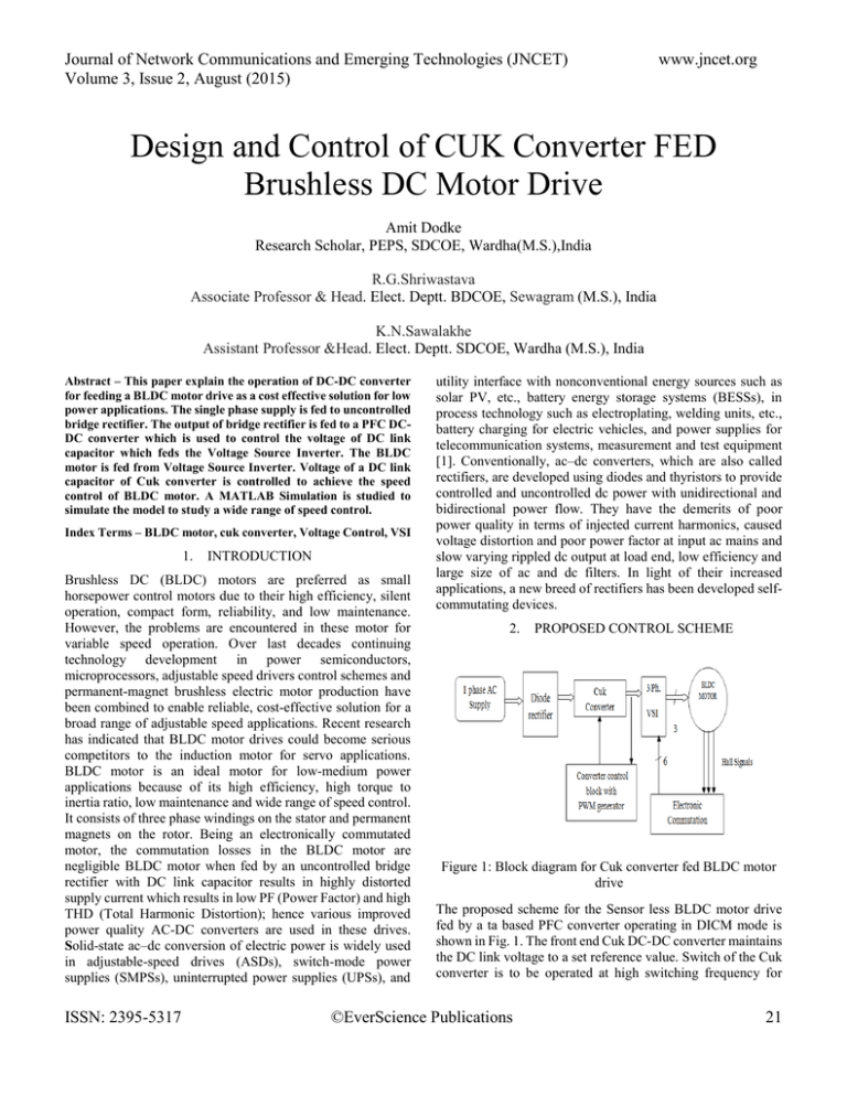 Design and Control of CUK Converter FED Brushless DC