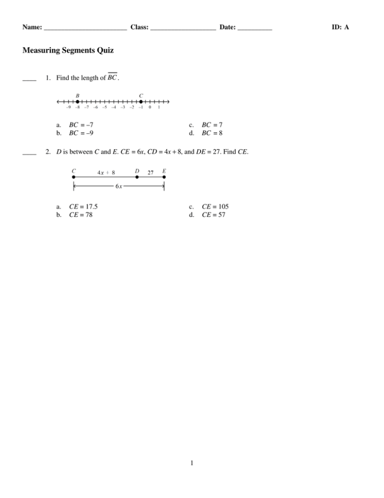 Measuring Segments Quiz Geometry Practice
