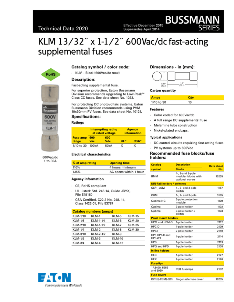 Bussmann series KLM supplemental fuse data sheet No. 2020