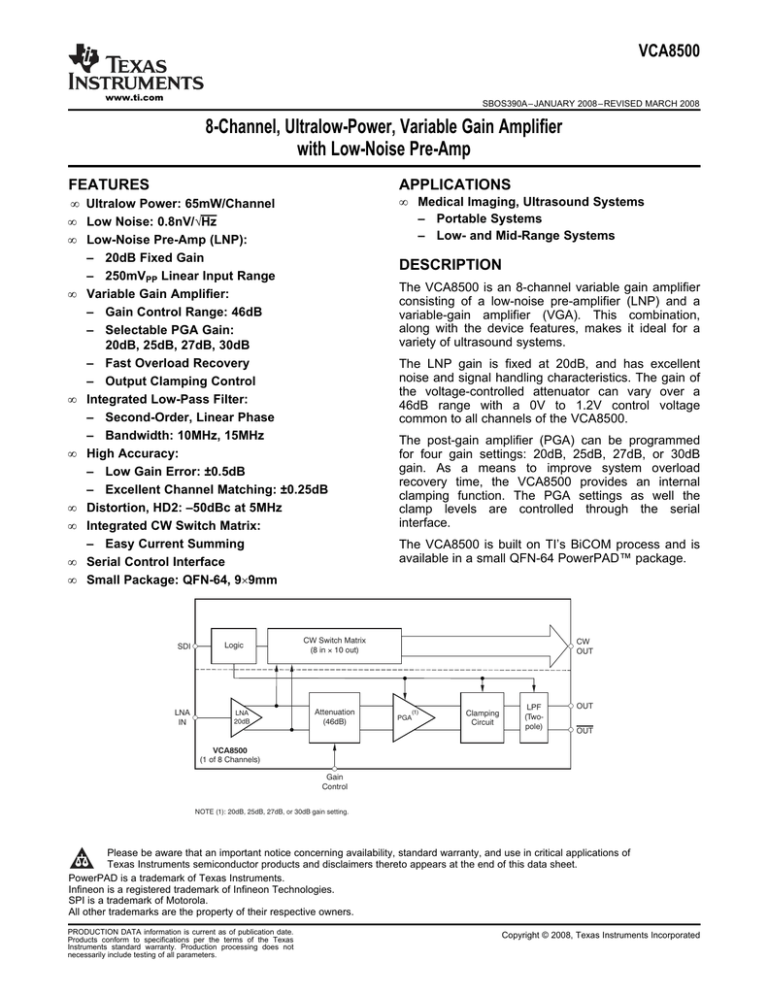 8-Channel, Ultralow-Power, Variable Gain Amplifier with Low