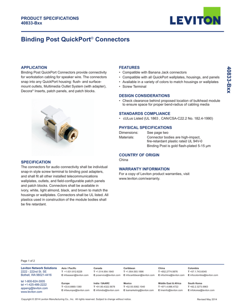 Binding Post QuickPort® Connectors