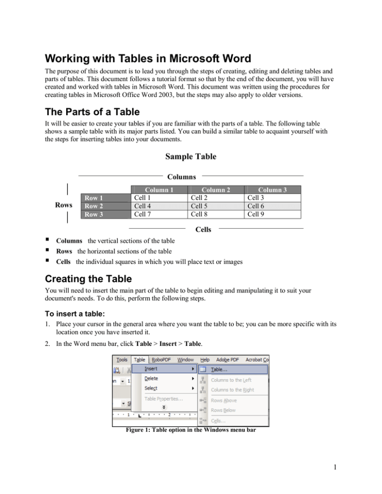 Working with tables in microsoft word