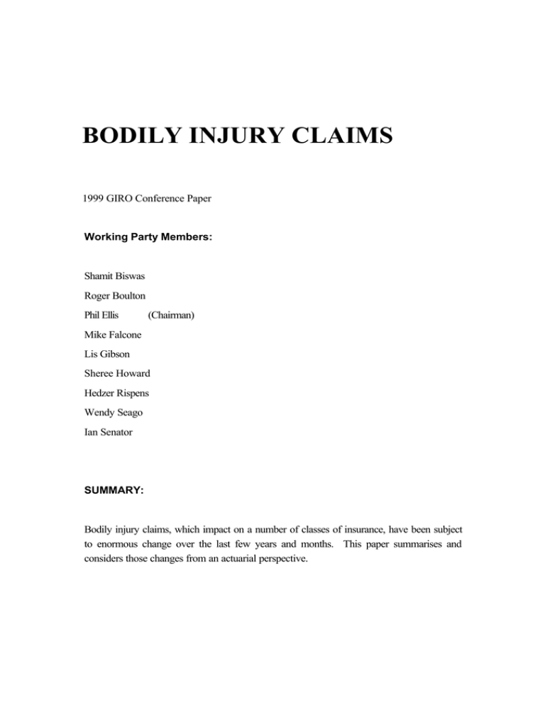 bodily injury claims Institute and Faculty of Actuaries