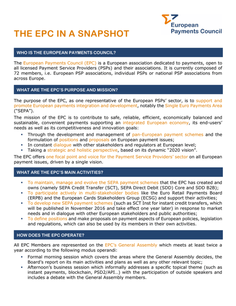 The Epc In A Snapshot European Payments Council