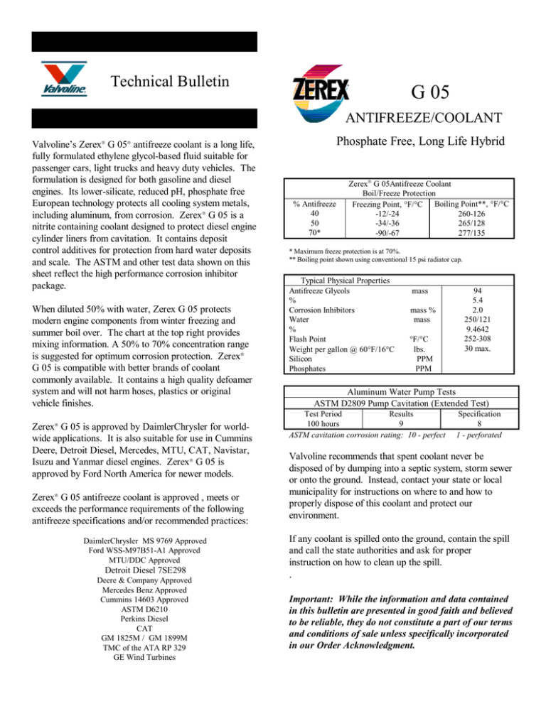 Zerex G 05 Antifreeze Coolant Technical Bulletin