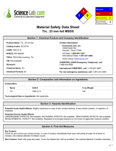 View MSDS for Tin, .33 mm foil