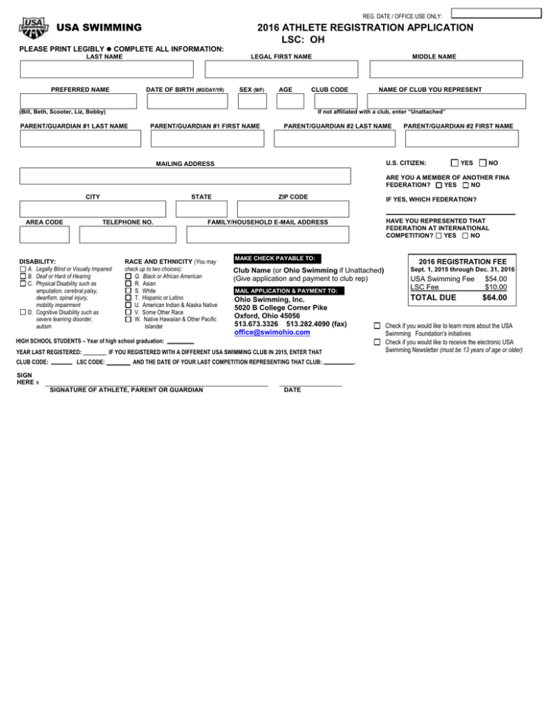 usa swimming 2016 athlete registration application lsc oh