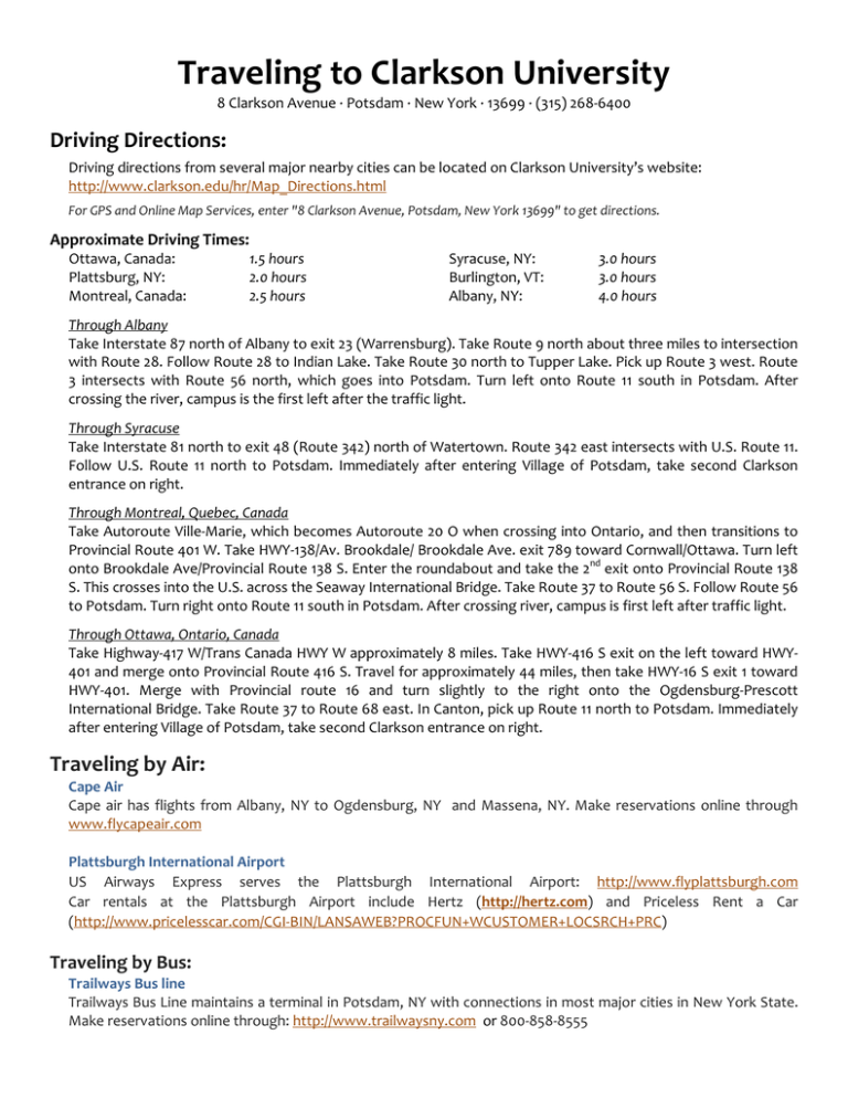 Traveling to Clarkson University