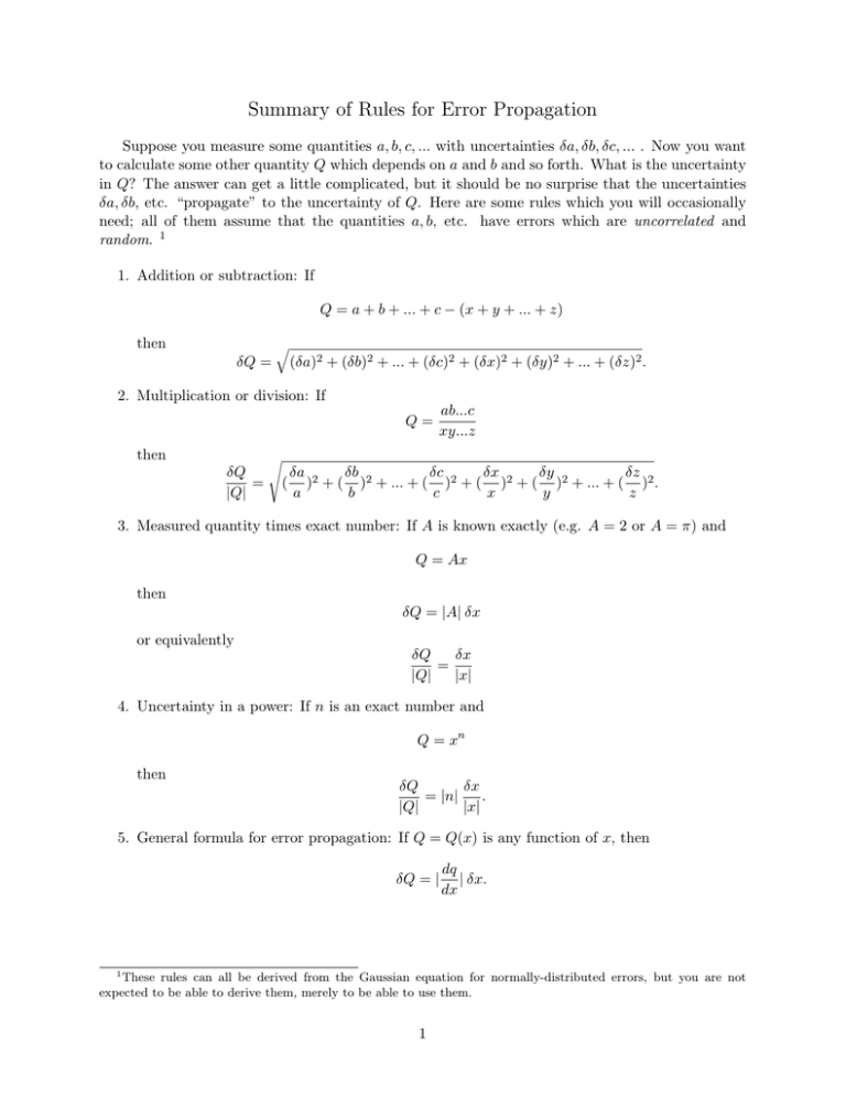 Summary Of Rules For Error Propagation 2652