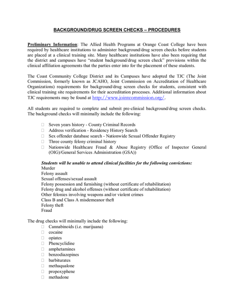 BACKGROUND/DRUG SCREEN CHECKS PROCEDURES