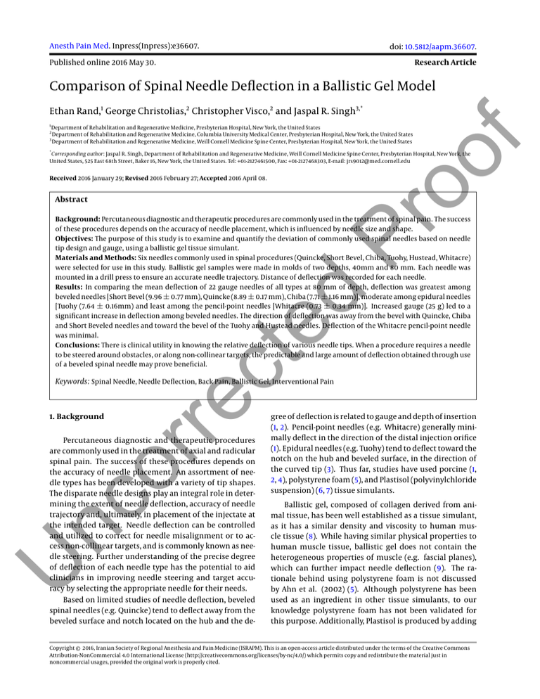 Comparison of Spinal Needle Deflection in a Ballistic Gel Model