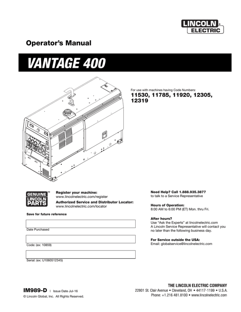 vantage 400 Lincoln Electric