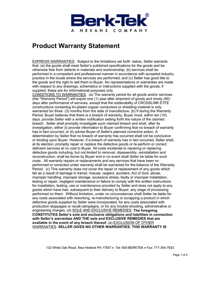 BerkTek Standard Product Warranty