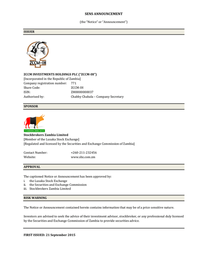 Transfer Of ZCCM IH Shares From GRZ To IDC