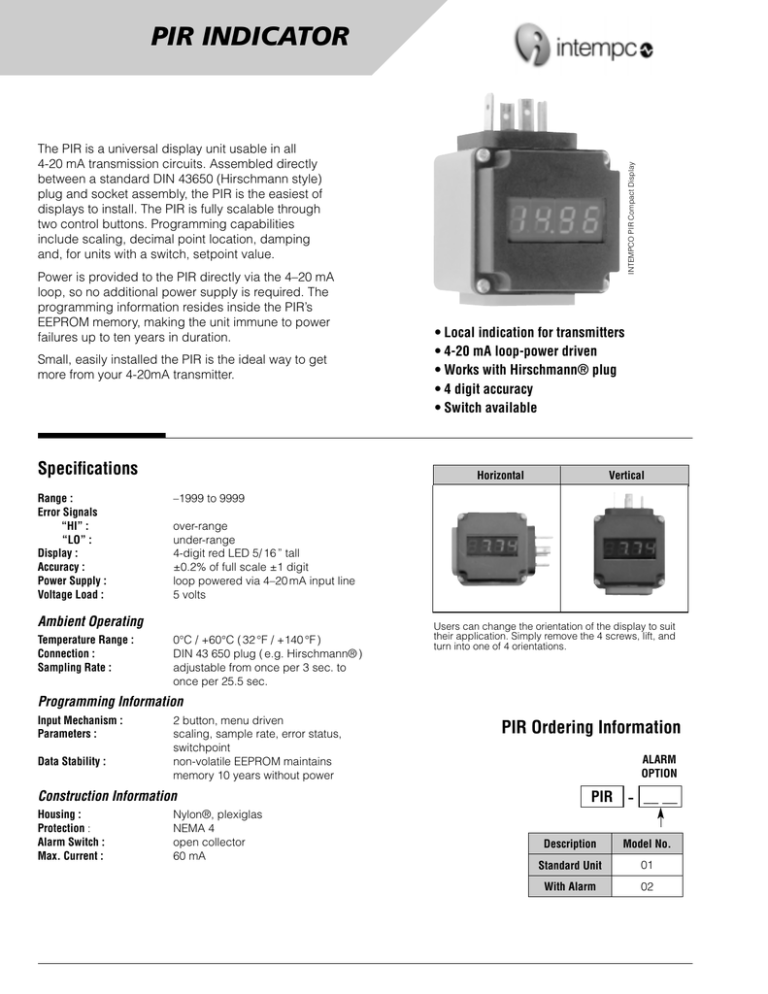 Intempco PIR Indicator Data Sheet PDF
