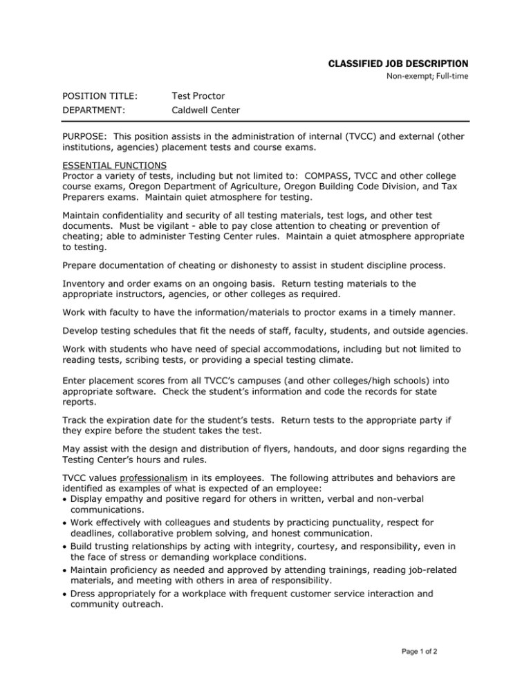 CLASSIFIED JOB DESCRIPTION Test Proctor