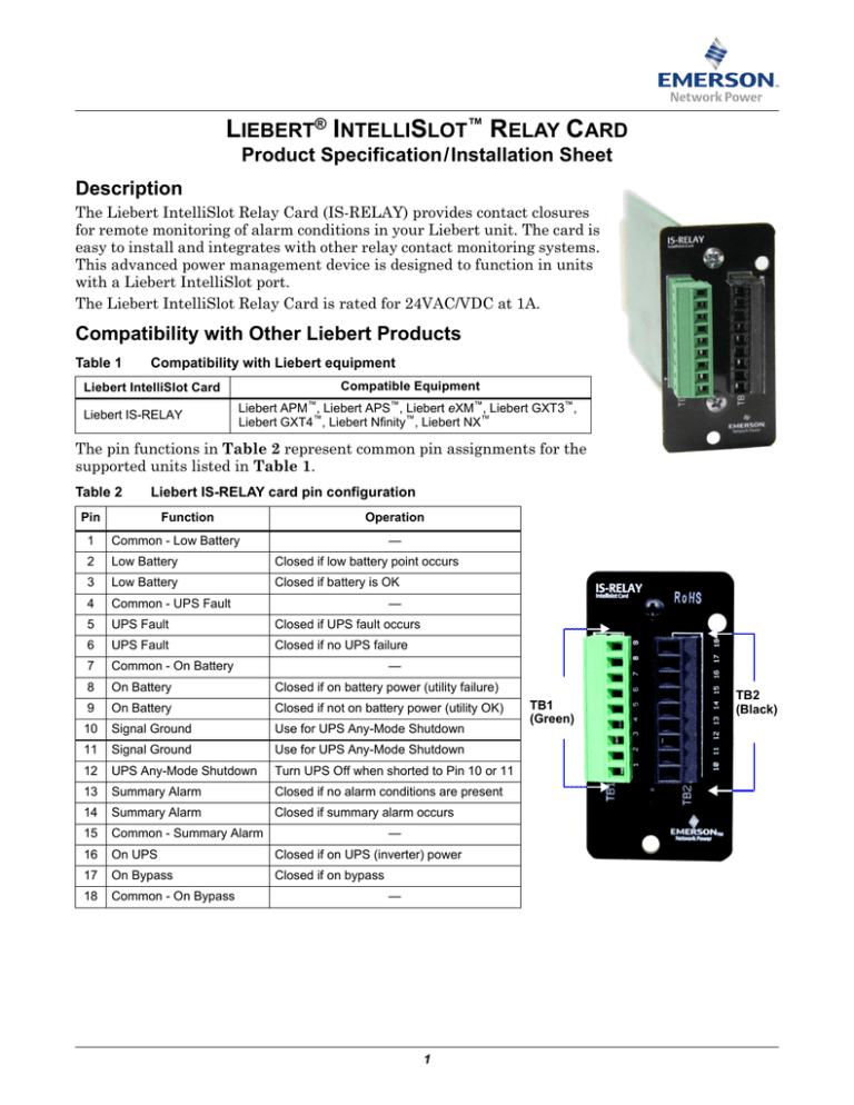 Карта liebert intellislot relay card