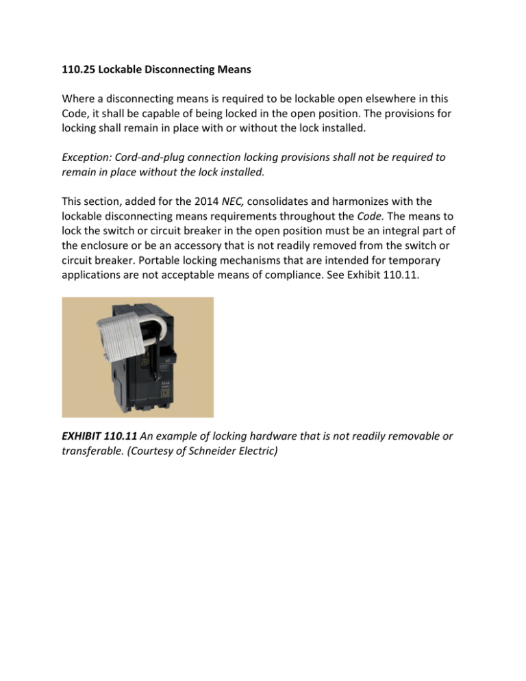 110.25 Lockable Disconnecting Means Where a disconnecting